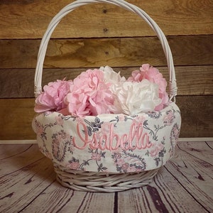 Personalized Easter Basket Liner Pink and Grey Paisley Basket Liner Embroidered With Name For Easter Vintage Fabric Easter Basket Liner image 1