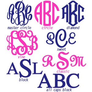May include: A graphic showing different monogram styles, including master circle, circle, diamond, vine, sweet, classic, block, and all caps block. The monograms are in pink and blue.