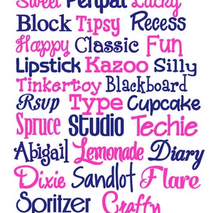 Puede incluir: Una imagen colorida con una variedad de palabras escritas en una fuente l&uacute;dica. Las palabras est&aacute;n en rosa y azul e incluyen "Sweet", "Penpal", "Lucky", "Block", "Tipsy", "Recess", "Happy", "Classic", "Fun", "Lipstick", "Kazoo", "Silly", "Tinkertoy", "Blackboard", "Rsvp", "Type", "Cupcake", "Spruce", "Studio", "Techie", "Abigail", "Lemonade", "Diary", "Dixie", "Sandlot", "Flare", "Spritzer" y "Crafty".