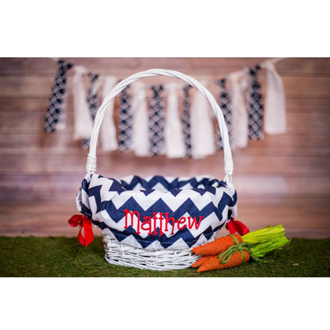 Personalized Navy Chevron Easter Basket Liner, Embroidered Easter