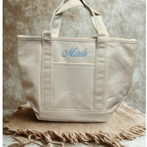 Pu&ograve; includere: Una borsa tote in tela beige con una tasca frontale e due manici. La parola "Mads" &egrave; ricamata in azzurro sul davanti. La borsa &egrave; appoggiata su un tappetino intrecciato marrone.