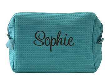 Personalized Waffle Weave Cosmetic Bag - Personalized Make Up Bag- Monogrammed Gift For Brides, Bridesmaids and Flower Girls