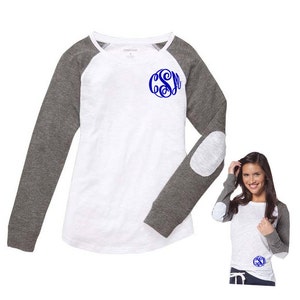 Monogram Long Sleeve T-shirt With Elbow Patch - Personalized Raglan Slub T-Shirt - Monogram Preppy Long Sleeve Tee With Patch Sleeves