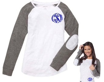 Monogram Long Sleeve T-shirt With Elbow Patch - Personalized Raglan Slub T-Shirt - Monogram Preppy Long Sleeve Tee With Patch Sleeves