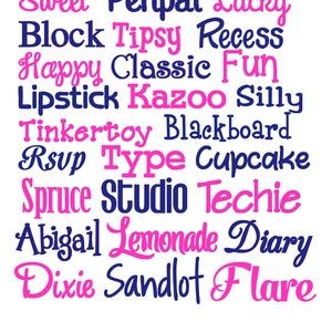 May include: A white background with a collection of words in a mix of cursive and block fonts. The words are in shades of blue and pink, including "Sweet," "Lucky," "Happy," and "Flare."