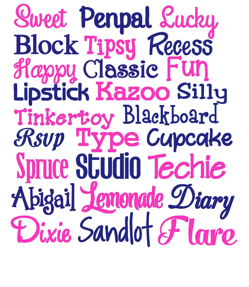 May include: A white background with a collection of words in a mix of cursive and block fonts. The words are in shades of blue and pink, including "Sweet," "Lucky," "Happy," and "Flare."
