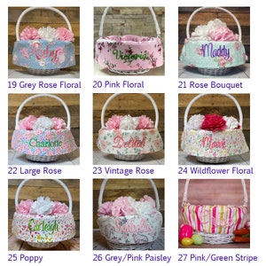 Easter basket liner fabrics; grey rose floral, pink floral, rose bouquet, large rose, vintage rose, wildflower floral, poppy, grey/pink paisley, pink/green stripe Easter basket liners