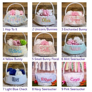 Easter basket liner fabrics; Hop to it, unicorn bunnies, enchanted bunny, yellow bunny, small bunny floral, mint seersucker, light blue check, navy seersucker, pink seersucker Easter basket liners