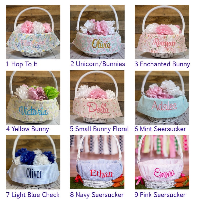 Easter basket liner fabrics; Hop to it, unicorn bunnies, enchanted bunny, yellow bunny, small bunny floral, mint seersucker, light blue check, navy seersucker, pink seersucker Easter basket liners