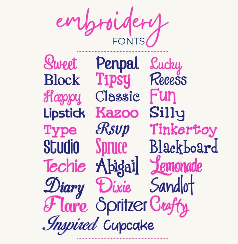 K&ouml;nnte beinhalten: Eine Tabelle mit dem Titel embroidery FONTS, die eine Liste von achtundzwanzig Schriftartennamen in rosa und marineblauem Text anzeigt. Die Namen umfassen Sweet, Penpal, Lucky, Block, Tipsy, Recess, Happy, Classic, Fun, Lipstick, Kazoo, Silly, Type, Rsvp, Tinkertoy, Studio, Spruce, Blackboard, Techie, Abigail, Lemonade, Diary, Dixie, Sandlot, Flare, Spritzer, Crafty, Inspired und Cupcake.
