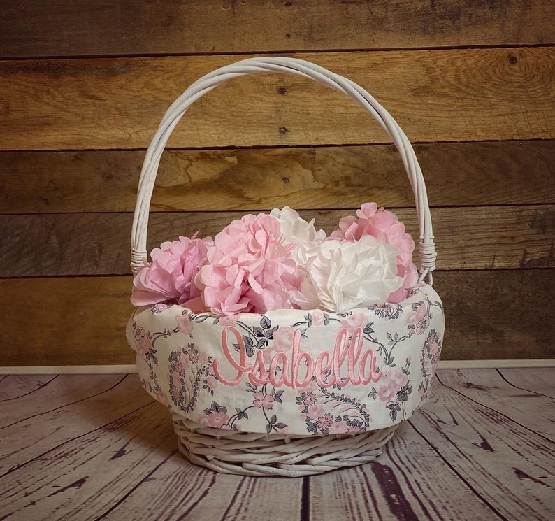 Personalized Easter Basket Liner Pink and Grey Paisley Basket Liner Embroidered With Name For Easter Vintage Fabric Easter Basket Liner immagine 1