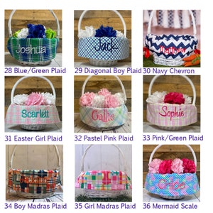 Easter basket liner fabric; blue green plaid, diagonal boy plaid, navy chevron, Easter girl plaid Pastel Pink Plaid, pink/green plaid, boy madras plaid, girl madras plaid, mermaid scales Easter basket liners