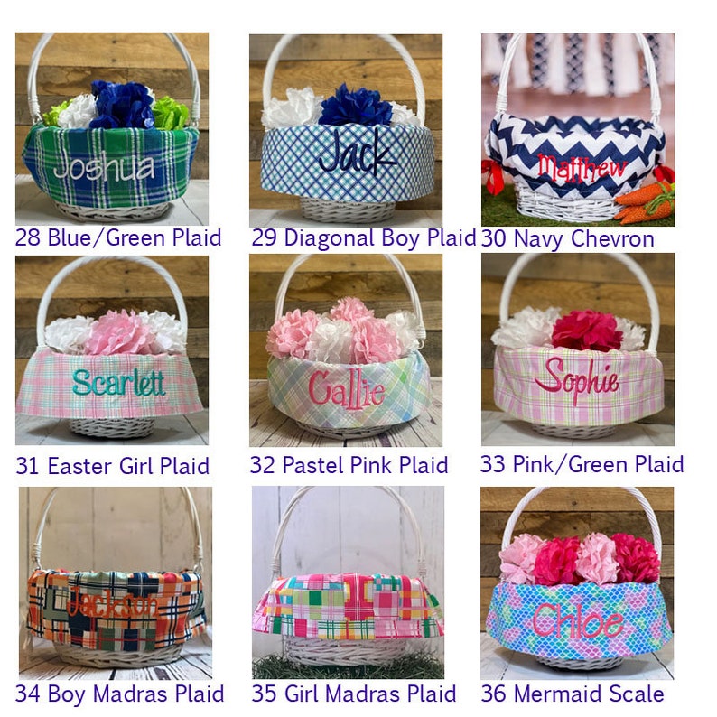 Easter basket liner fabric; blue green plaid, diagonal boy plaid, navy chevron, Easter girl plaid Pastel Pink Plaid, pink/green plaid, boy madras plaid, girl madras plaid, mermaid scales Easter basket liners