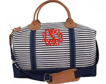 Navy Stripe Monogram Weekender Bag, Monogrammed Overnight Duffle, Personalized Canvas Duffel Bag, Striped Monogram Luggage, Mongram Luggage