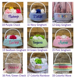 Easter basket liner fabrics; purple check, navy gingham, grey gingham, seafoam gingham, green gingham, pink gingham, pink/green check, colorful rainbow, colorful wave Easter basket liners