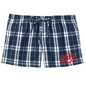 Monogrammed Plaid Flannel Boxer Pajama Short- Navy Plaid Flannel Boxer PJ Shorts- Women's Monogrammed Plaid Lounge Shorts- Monogram PJ image 2