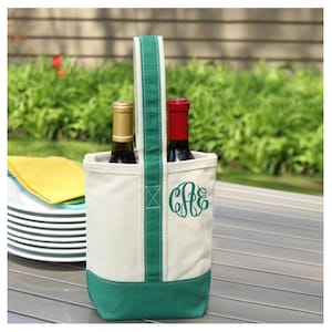 Monogram Canvas Wine Tote Personalized Wine Carrier Personalized Hostess Gift Two Bottle Canvas Wine Tote image 1