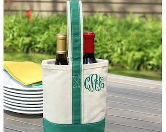 Monogram Canvas Wine Tote - Personalized Wine Carrier - Personalized Hostess Gift - Two Bottle Canvas Wine Tote