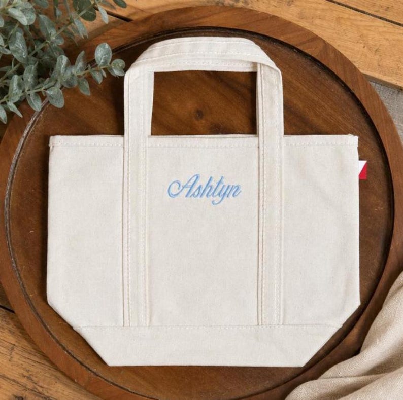 K&ouml;nnte beinhalten: Eine kleine Tragetasche aus cremefarbenem Canvas mit zwei stabilen Griffen und einem flachen Boden. Auf der Vorderseite ist der Name Ashtyn in einer hellblauen Schreibschrift eingestickt. Die Tasche hat eine strukturierte, rechteckige Form.