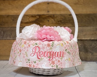 Personalized Easter Basket Liner With Embroidered Name | Customized Easter Basket Liner | Pink Bunny Fabric | Girl Easter Bunny Basket
