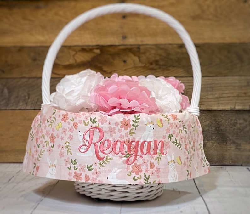 Personalized Easter Basket Liner With Embroidered Name Customized Easter Basket Liner Pink Bunny Fabric Girl Easter Bunny Basket image 1