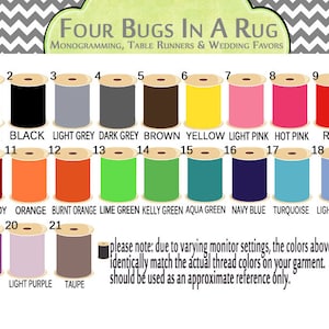 May include: A color chart with 21 different thread colors, numbered 1 through 21. The colors are arranged in rows of three. The chart includes the names of each color, such as white, black, light grey, dark grey, brown, yellow, light pink, hot pink, red, burgundy, orange, burnt orange, lime green, kelly green, aqua green, navy blue, turquoise, light blue, purple, light purple, and taupe. The chart also includes a note that the colors may not match the actual thread colors due to varying monitor settings.