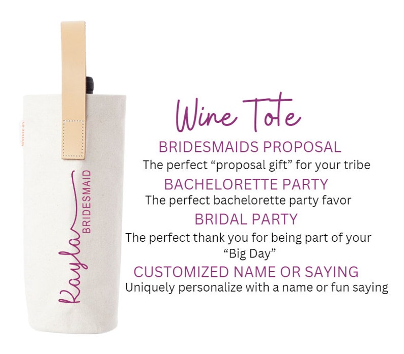 Bridal Party Personalized Gift For Bridesmaid Proposal, Hostess Gift, Bachelorette Party Wine Tote, Party Favor, Gift For Her Custom Tote image 1