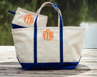 Personalized Canvas Tote And Makeup Bag Set | 2 Piece Set Includes Large Tote and Makeup Bag| Monogrammed Canvas Collection Travel Set