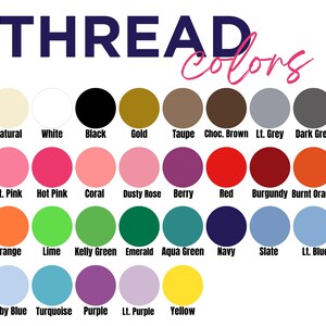 K&ouml;nnte beinhalten: Eine Farbkarte mit der &Uuml;berschrift THREAD colors, die einunddrei&szlig;ig kreisf&ouml;rmige Farbmuster in verschiedenen T&ouml;nen zeigt, darunter Natur, Wei&szlig;, Schwarz, Gold, Taupe, Braun, Grau, Rosa, Rot, Orange, Gr&uuml;n, Blau, Lila und Gelb, jeweils mit Beschriftung.