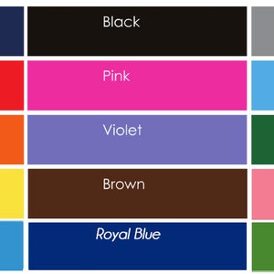 May include: A color chart with 15 different colors, including navy, black, gray, red, pink, turquoise, orange, violet, emerald, yellow, brown, coral, baby blue, royal blue, and grass green.