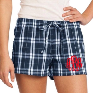 Monogrammed Plaid Flannel Boxer Pajama Short- Navy Plaid Flannel Boxer PJ Shorts- Women's Monogrammed Plaid Lounge Shorts- Monogram PJ