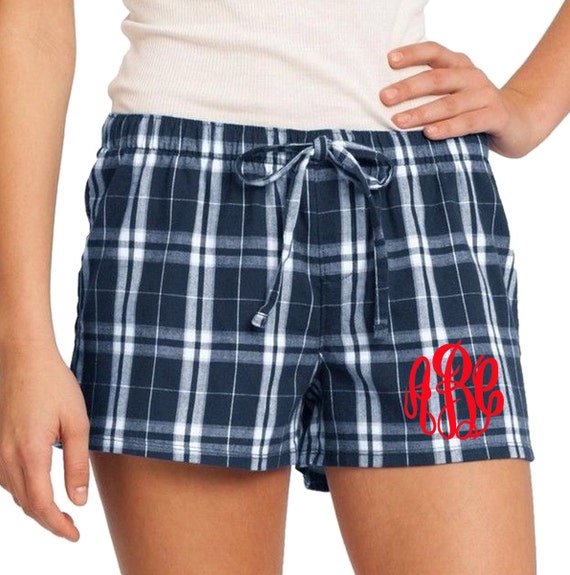 Monogrammed Plaid Flannel Boxer Pajama Short Navy Plaid Flannel Boxer PJ  Shorts Women's Monogrammed Plaid Lounge Shorts Monogram PJ 