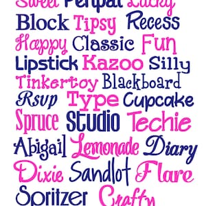 May include: A colorful image with a variety of words in pink and blue. The words include "Sweet", "Penpal", "Lucky", "Block", "Tipsy", "Recess", "Happy", "Classic", "Fun", "Lipstick", "Kazoo", "Silly", "Tinkertoy", "Blackboard", "Rsvp", "Type", "Cupcake", "Spruce", "Studio", "Techie", "Abigail", "Lemonade", "Diary", "Dixie", "Sandlot", "Flare", "Spritzer", and "Crafty".