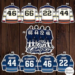 May include: A collection of hockey jersey stickers. The jerseys are white, blue, and gold, with player names and numbers. The image also includes a sticker with the text "Off Campus" and the words "Sticker Magnet".