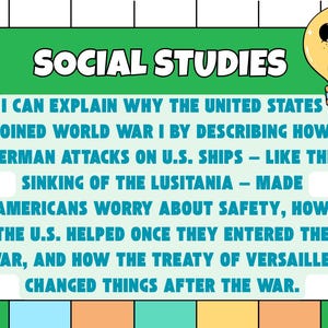 May include: A colorful educational graphic with the words "SOCIAL STUDIES" at the top. The text explains the reasons for the United States' involvement in World War I, including German attacks and the Treaty of Versailles. A lightbulb illustration is in the upper right corner.