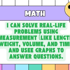 Puede incluir: Gráfico educativo colorido con la palabra "MATH" en la parte superior. El texto dice: "PUEDO RESOLVER PROBLEMAS DE LA VIDA REAL USANDO LA MEDICIÓN (COMO LONGITUD, PESO, VOLUMEN Y TIEMPO) Y USAR GRÁFICOS PARA RESPONDER PREGUNTAS". Una ilustración de una bombilla está en la esquina superior derecha.