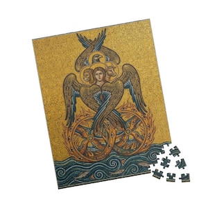 May include: A rectangular jigsaw puzzle featuring a golden mosaic design of a central figure with wings, a lion head, and an ox head, positioned above two fiery wheels with eyes. The bottom section depicts blue swirling water with fish.