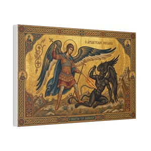 St. Michael Subduing the Devil canvas stretched, Religious Wall Art | Byzantine Icon image 2