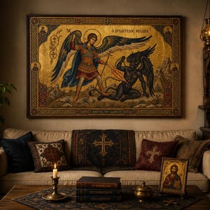 May include: A framed religious icon depicting a saint slaying a demon, with gold leaf accents. The artwork hangs above a cream-colored sofa adorned with decorative pillows. A lit candle and books are on the coffee table, creating a warm, inviting atmosphere.