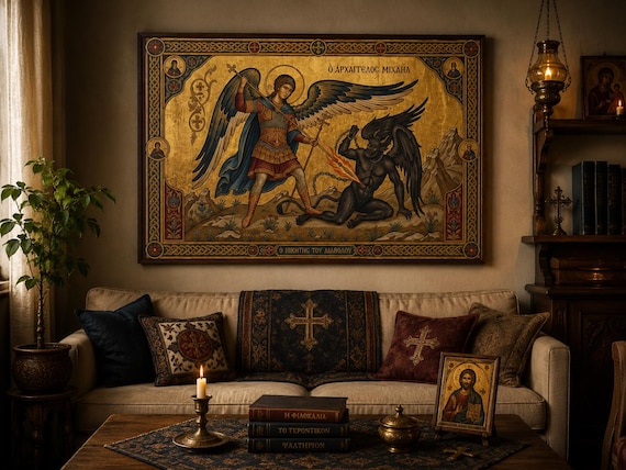 St. Michael Subduing the Devil canvas stretched, Religious Wall Art | Byzantine Icon
