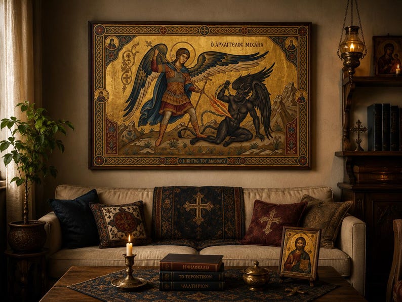 May include: A framed religious icon depicting a saint slaying a demon, with gold leaf accents. The artwork hangs above a cream-colored sofa adorned with decorative pillows. A lit candle and books are on the coffee table, creating a warm, inviting atmosphere.