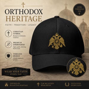 Puede incluir: Gorra de béisbol negra con un símbolo cristiano ortodoxo bordado en oro. La gorra presenta el texto "ORTHODOX HERITAGE" y "WEAR YOUR FAITH EVERY DAY". El diseño incluye un símbolo cristiano, bordado de primera calidad y un diseño atemporal.