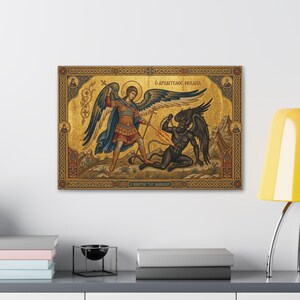 St. Michael Subduing the Devil canvas stretched, Religious Wall Art | Byzantine Icon image 4