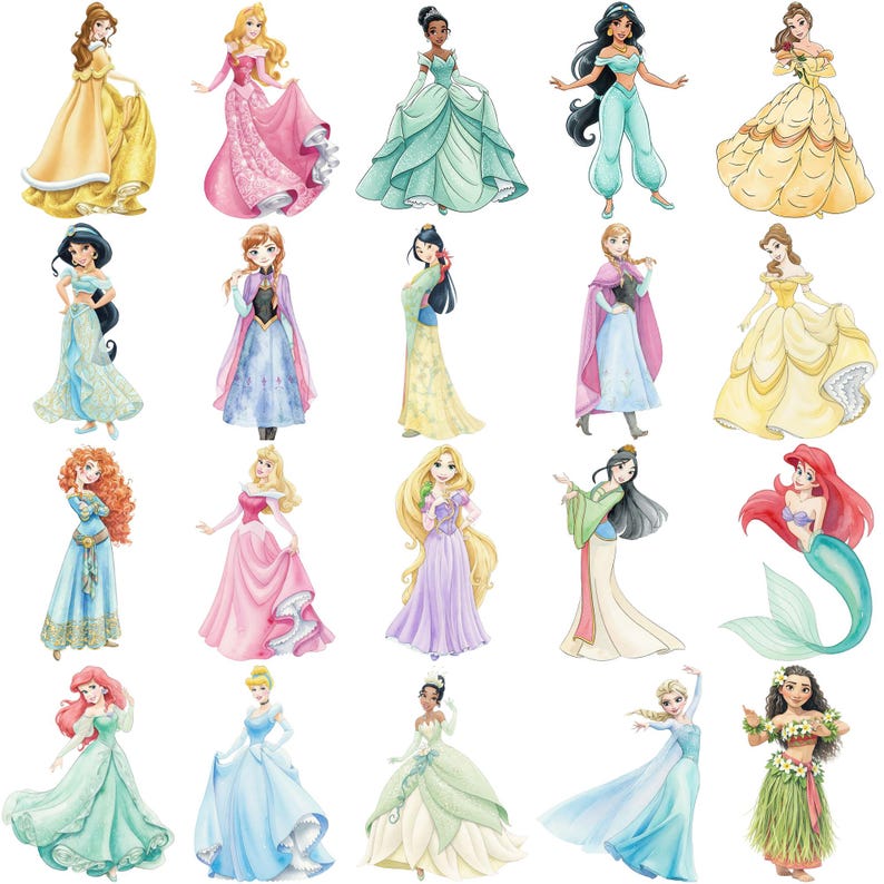 K&ouml;nnte beinhalten: Aquarellillustrationen verschiedener Disney-Prinzessinnen in ihren ikonischen Kleidern. Die Sammlung zeigt Charaktere wie Belle in einem gelben Kleid, Aschenputtel in Blau und Arielle mit einem t&uuml;rkisfarbenen Schwanz. Jede Prinzessin wird in einer einzigartigen Pose dargestellt.