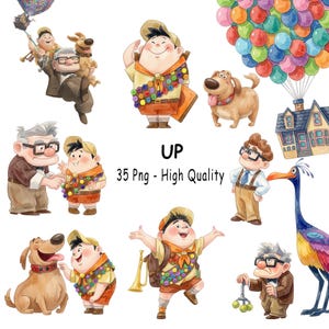 May include: A collection of digital illustrations featuring characters and elements from the movie Up, including an elderly man with glasses, a young scout in uniform, a golden dog, a tall colorful bird, and a house lifted by many multicolored balloons.