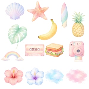 Puede incluir: Ilustraci&oacute;n en acuarela de varios objetos con tem&aacute;tica veraniega. Incluye una concha, una estrella de mar, una tabla de surf, una pi&ntilde;a, un pl&aacute;tano, un s&aacute;ndwich, una c&aacute;mara instant&aacute;nea, un casete, un arco&iacute;ris y flores. La paleta de colores es pastel.
