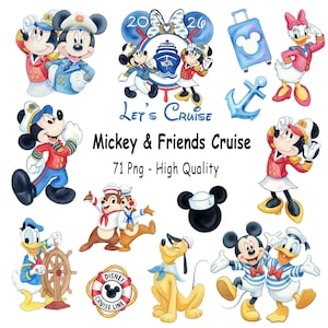 May include: Watercolor illustrations of Mickey Mouse, Minnie Mouse, Donald Duck, Daisy Duck, Chip and Dale, and Pluto in nautical attire. The phrase "Let's Cruise" is written in blue script, with the words "Mickey & Friends Cruise" below.