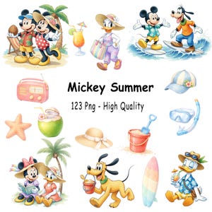 May include: Watercolor illustrations of Mickey Mouse, Minnie Mouse, Donald Duck, Daisy Duck, and Goofy enjoying summer activities. The image includes beach scenes, surfboards, hats, and the text "Mickey Summer 123 Png - High Quality."