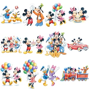 Puede incluir: Una colecci&oacute;n de ilustraciones coloridas con los personajes de Disney Mickey Mouse, Minnie Mouse, Donald Duck, Daisy Duck, Goofy y Pluto. Las im&aacute;genes representan varias escenas con globos, pasteles de cumplea&ntilde;os y un coche rojo.