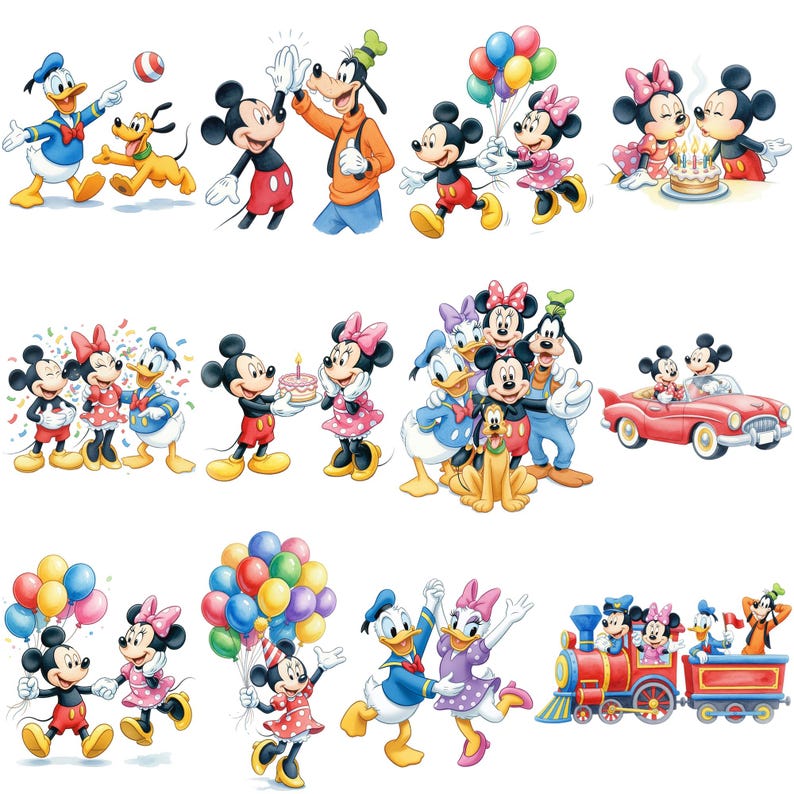 Puede incluir: Una colecci&oacute;n de ilustraciones coloridas con los personajes de Disney Mickey Mouse, Minnie Mouse, Donald Duck, Daisy Duck, Goofy y Pluto. Las im&aacute;genes representan varias escenas con globos, pasteles de cumplea&ntilde;os y un coche rojo.